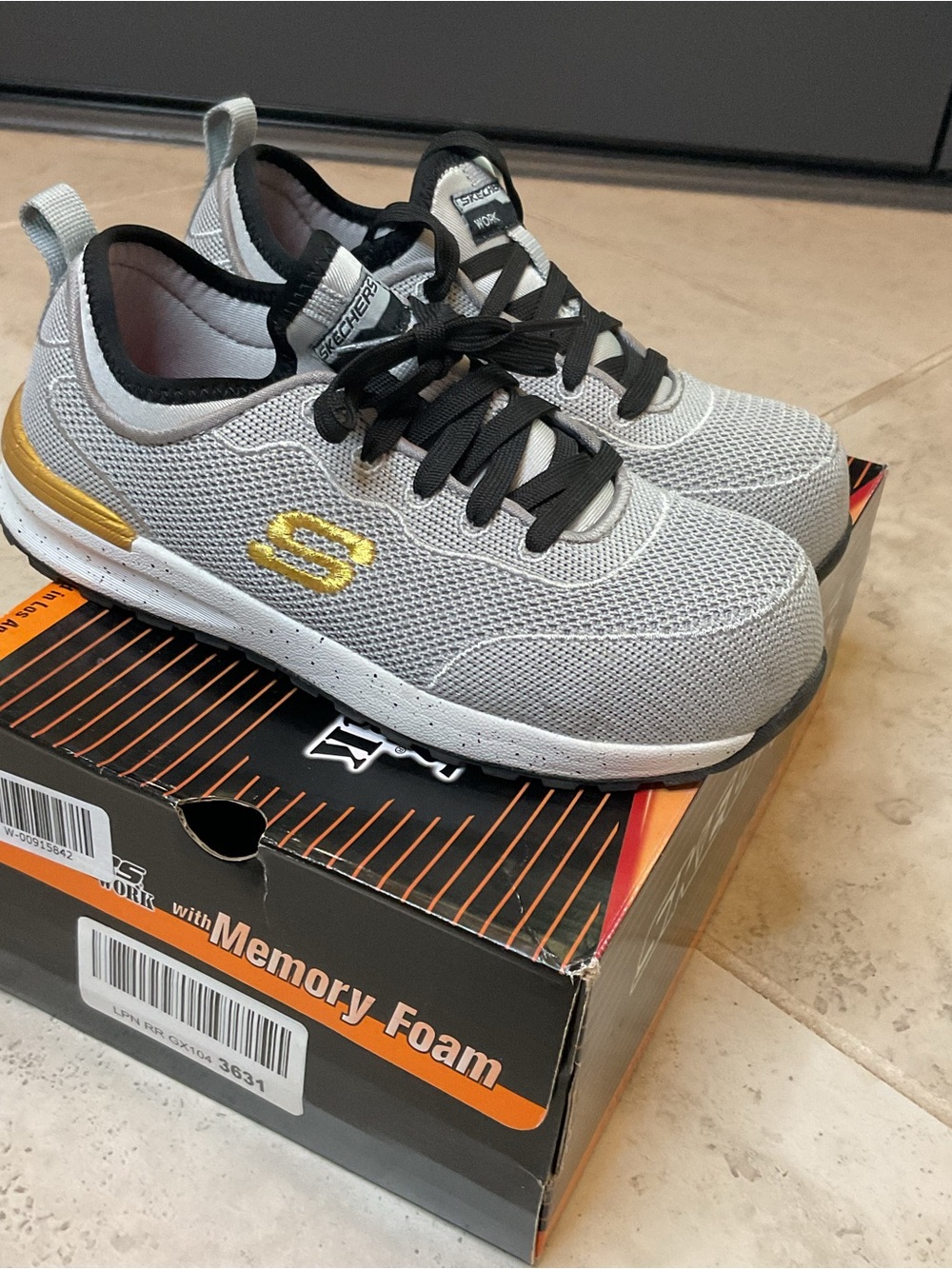 Skechers work Bulkin Balran Gray and Gold Athletic Memory Foam Sneaker, size 5
